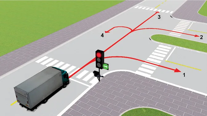 Theo tín hiệu đèn, xe tải đi theo hướng nào là đúng quy tắc giao thông?