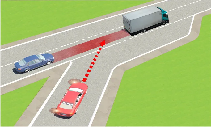 Trong tình huống dưới đây, xe con màu đỏ nhập làn đường cao tốc theo hướng mũi tên là đúng hay sai?
