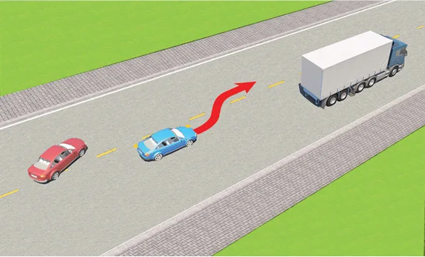 Trong tình huống dưới đây, xe con màu đỏ có được phép vượt khi xe con màu xanh đang vượt xe tải hay không?