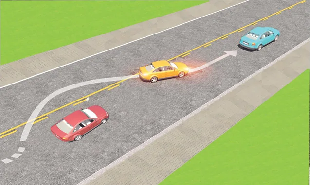 Trong tình huống dưới đây, xe con màu vàng vượt xe con màu đỏ là đúng quy tắc giao thông hay không?